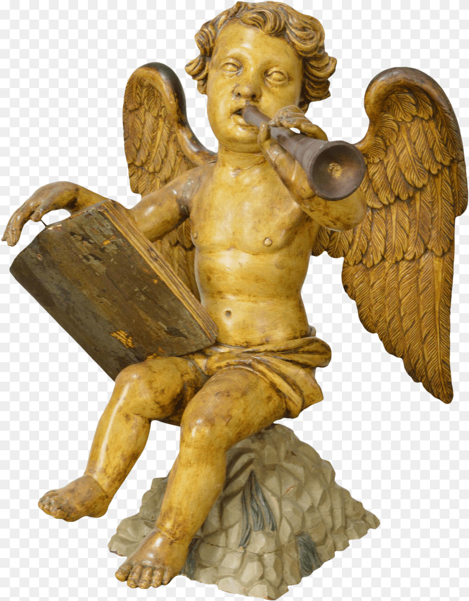 Italian 19th Century Antique Carved Wood Polychrome Angel Statue The Thinker, Bronze, Baby, Person, Face Free Png
