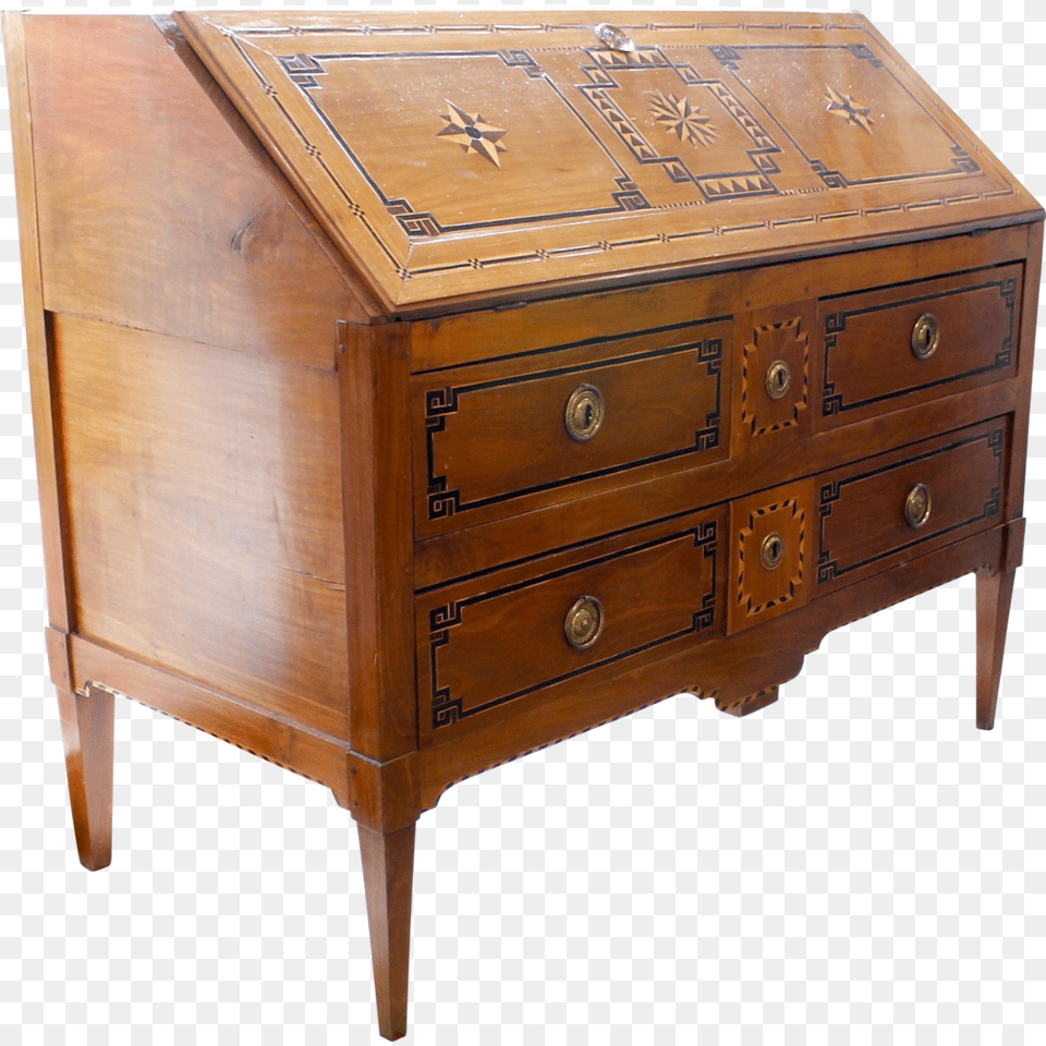 Italian Neoclassical Fruitwood Marquetry Desk End Table, Cabinet, Drawer, Furniture, Sideboard Png Image