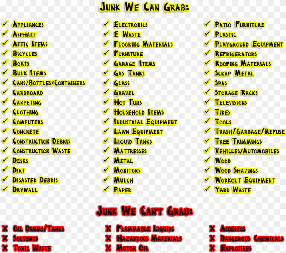 Items We Can Grab List List Of Junk Removal Items, Text, Menu Free Png Download