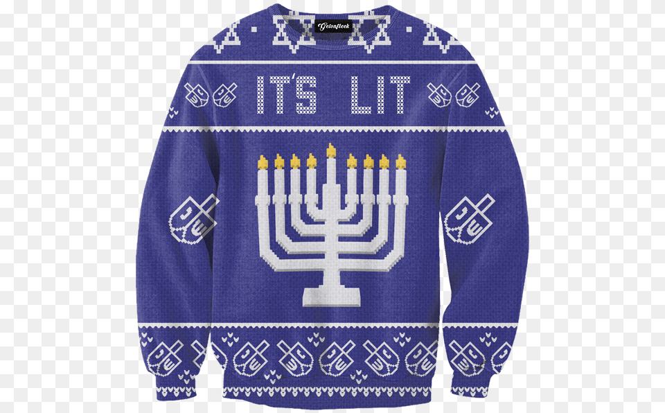 Its Lit Ugly Christmas Sweater Getonfleek Its Lit Hanukkah Sweater, Clothing, Knitwear, Sweatshirt, Long Sleeve Free Transparent Png