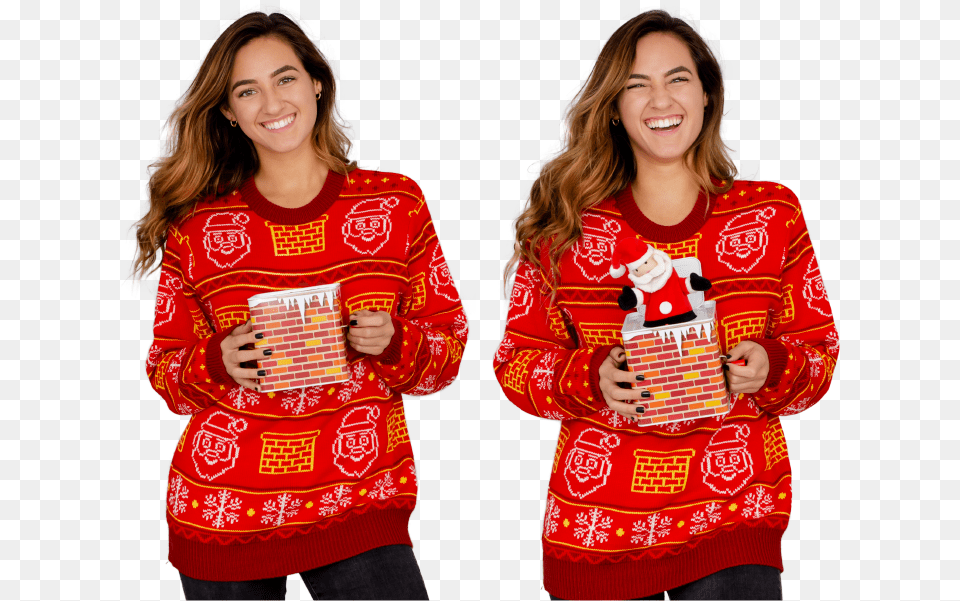 Jack In The Box Santa Claus Adult Red 3d Ugly Christmas Sweater Pajamas, Sleeve, Person, Long Sleeve, Knitwear Free Png