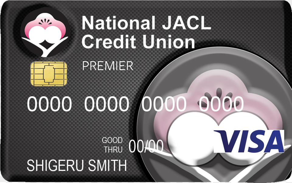 Jacl Credit Union Black Visa Card With Plum Blossum Visa, Text, Credit Card, Plate Free Png Download