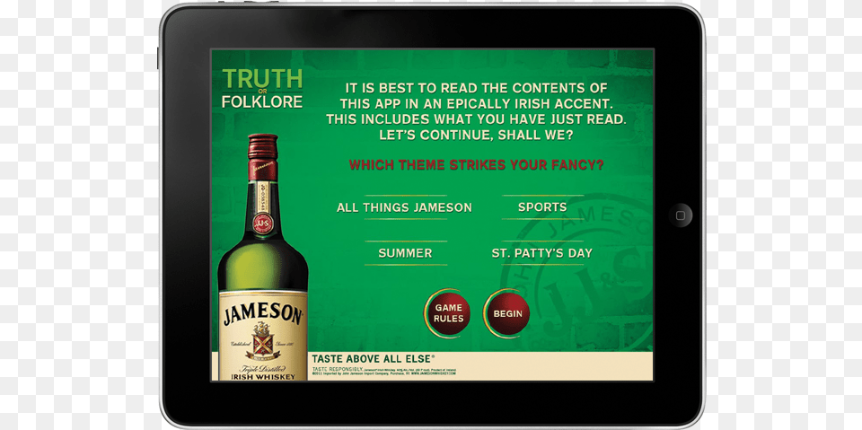 Jameson Whiskey Offers Drink Deals With Quottruth Or Folklorequot Keylimetie Llc, Computer, Electronics, Tablet Computer, Alcohol Png Image