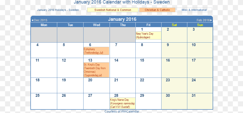 January 2016 Calendar With Swe Holidays Number, Text Png