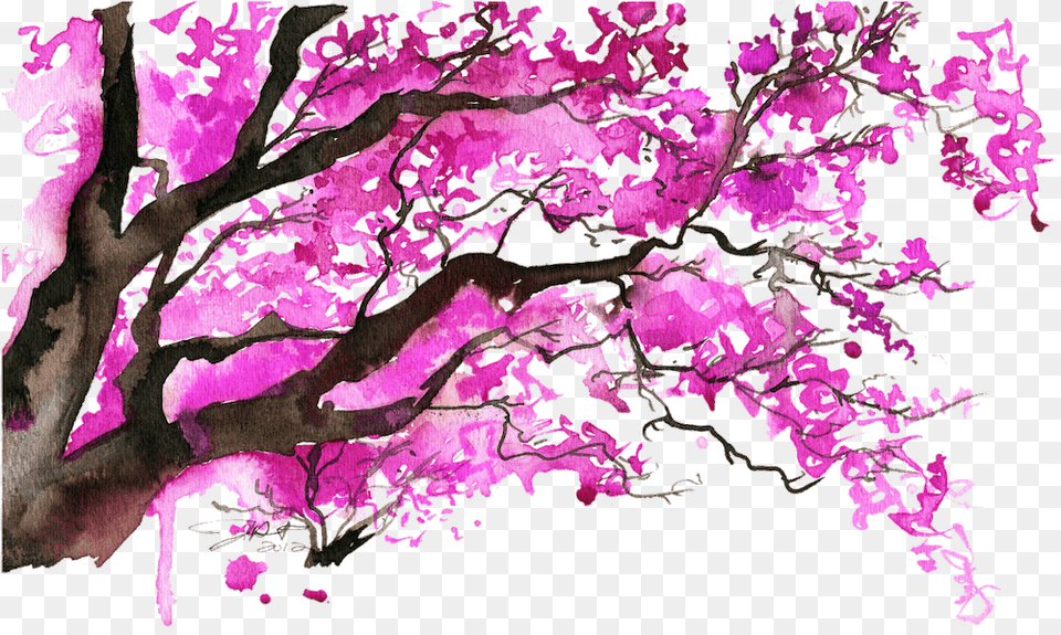 Japanese Blossom Trees Painting, Flower, Plant, Purple, Cherry Blossom Free Png Download