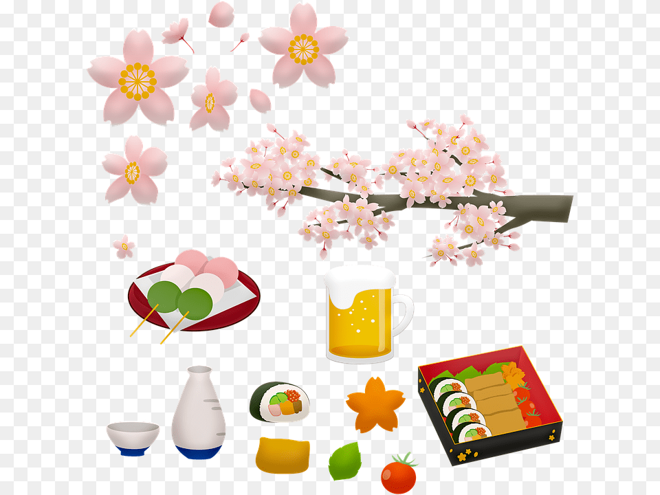 Japanese Food Sushi Beer Sake Mochi Sakura, Flower, Plant, Cup, Anemone Png Image