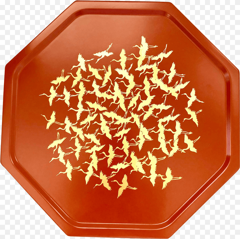 Japanese Lacquer Tray Plate Orange Red Coral Gold Foil Flying Cranes Antique Octagon Geometric 12 Inch Platter Free Transparent Png