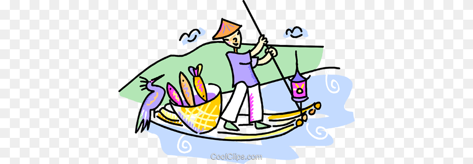 Japanese Man Paddling A Fishing Boat Royalty Free Vector Boat, Leisure Activities, Outdoors, Water, Angler Png Image