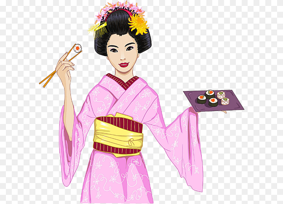 Japanese Sushi Japan Geisha Woman Food Pink Sushi, Gown, Clothing, Dress, Robe Free Png