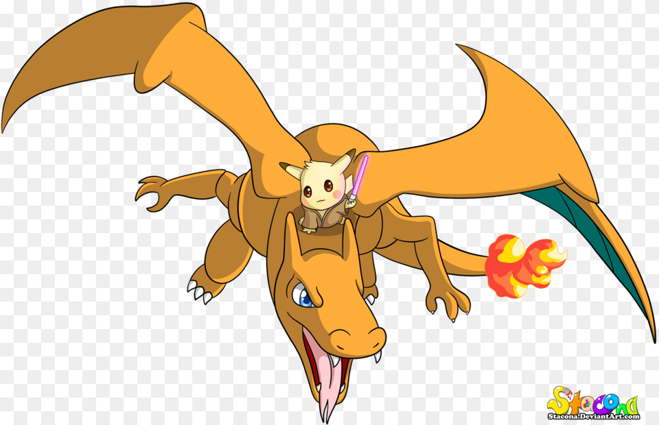 Jedi Riding By Stacona Pikachu Flying On Charizard, Person, Cartoon Png Image