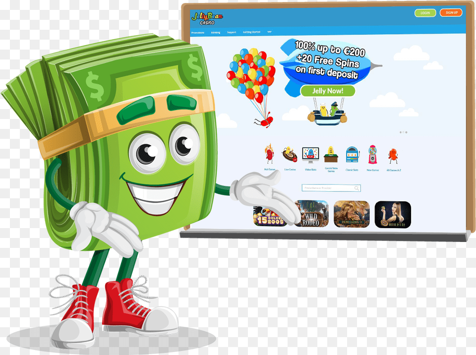 Jellybean Casino Presenting Board Cartoon Dollar, Clothing, Footwear, Shoe, Person Png Image