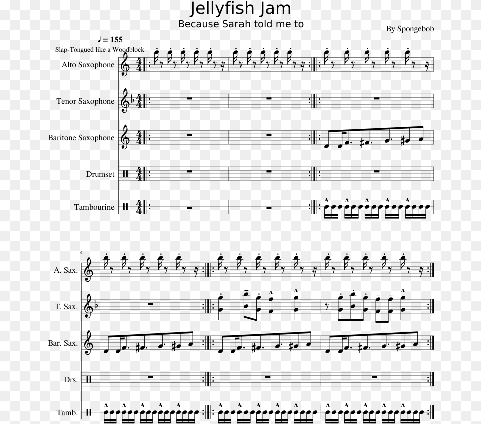 Jellyfish Jam Sheet Music Composed By By Spongebob Jellyfish Jam Alto Sax Sheet Music, Gray Png Image