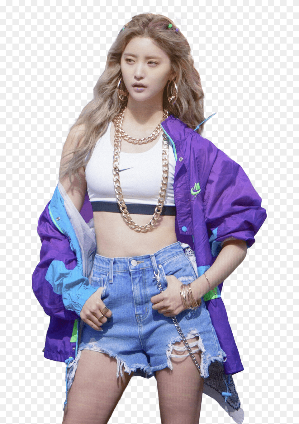 Jeonghwa Exid Kpop Korean Freetoedit White Crop Top And Jacket, Shorts, Blouse, Clothing, Person Png Image