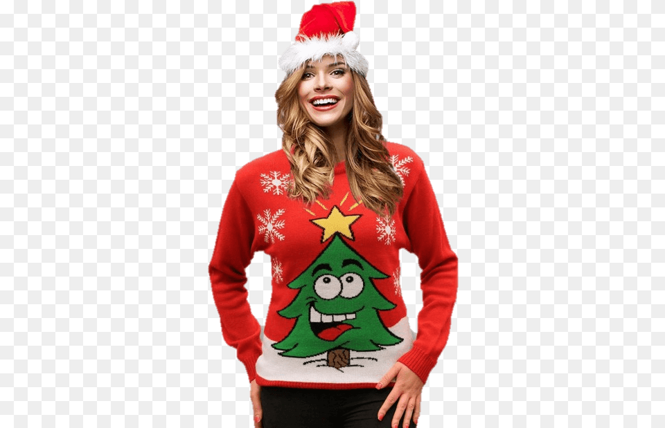 Jersey Mujer Rbol De Navidad Sonriente Rojo Bluzy Dla Par, Adult, Sweater, Person, Knitwear Free Png Download