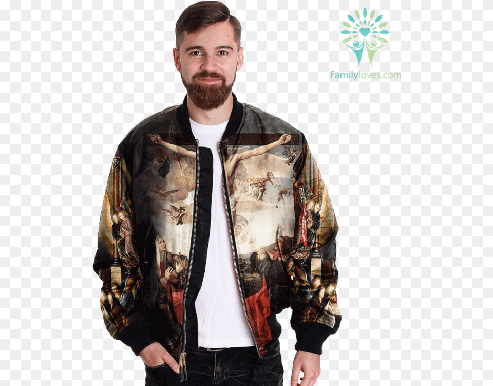 Jesus Christ And The Virgin Mary Over Print Jacket Jacket, Clothing, Coat, Long Sleeve, Sleeve Png Image