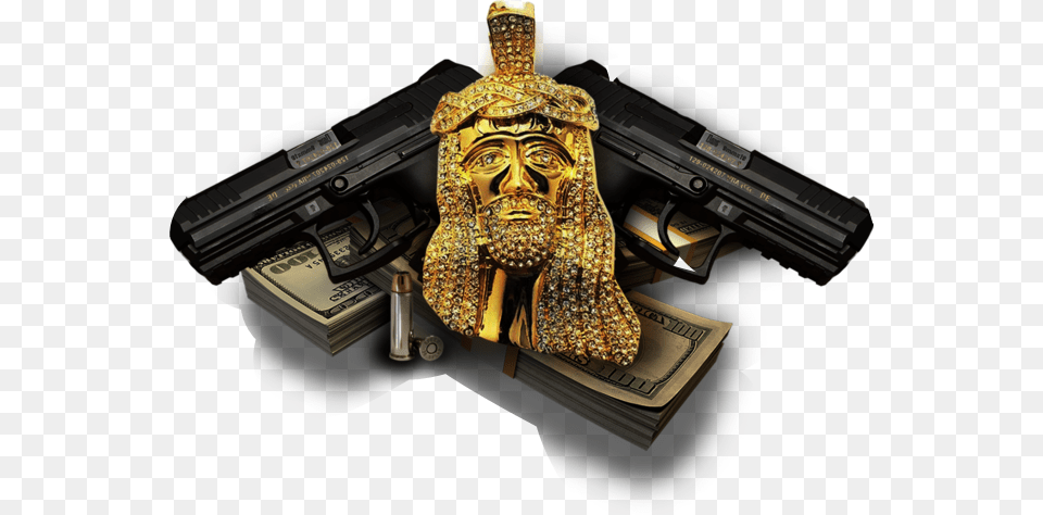 Jesus Sticker Brand Iced Out Gold Finsh Jesus Piece Hip Hop Pendant, Handgun, Weapon, Firearm, Gun Png