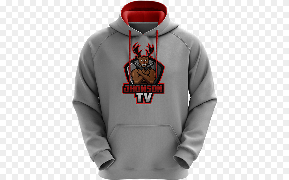 Jhonson Tv Logo Hoodie Greyred Hoodie, Clothing, Knitwear, Sweater, Sweatshirt Png