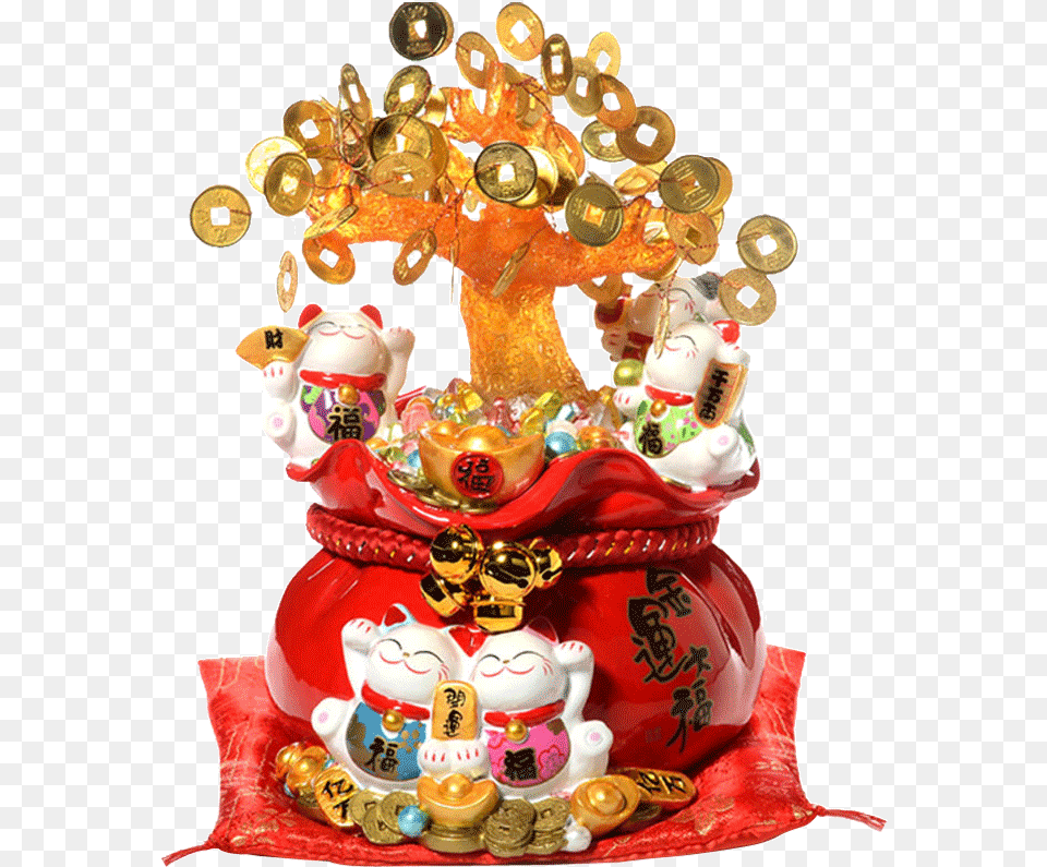 Jinshi Workshop Shake The Money Tree Lucky Cat Opened Maneki Neko Led, Figurine, Art, Porcelain, Pottery Png