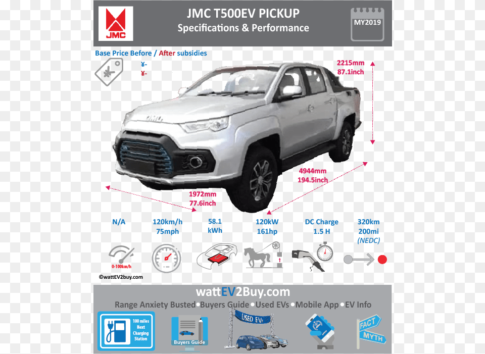 Jmc T500ev Pickup Specs Brand Jmc Model Jmc T500ev Kia Niro Ev Price, Pickup Truck, Transportation, Truck, Vehicle Free Png