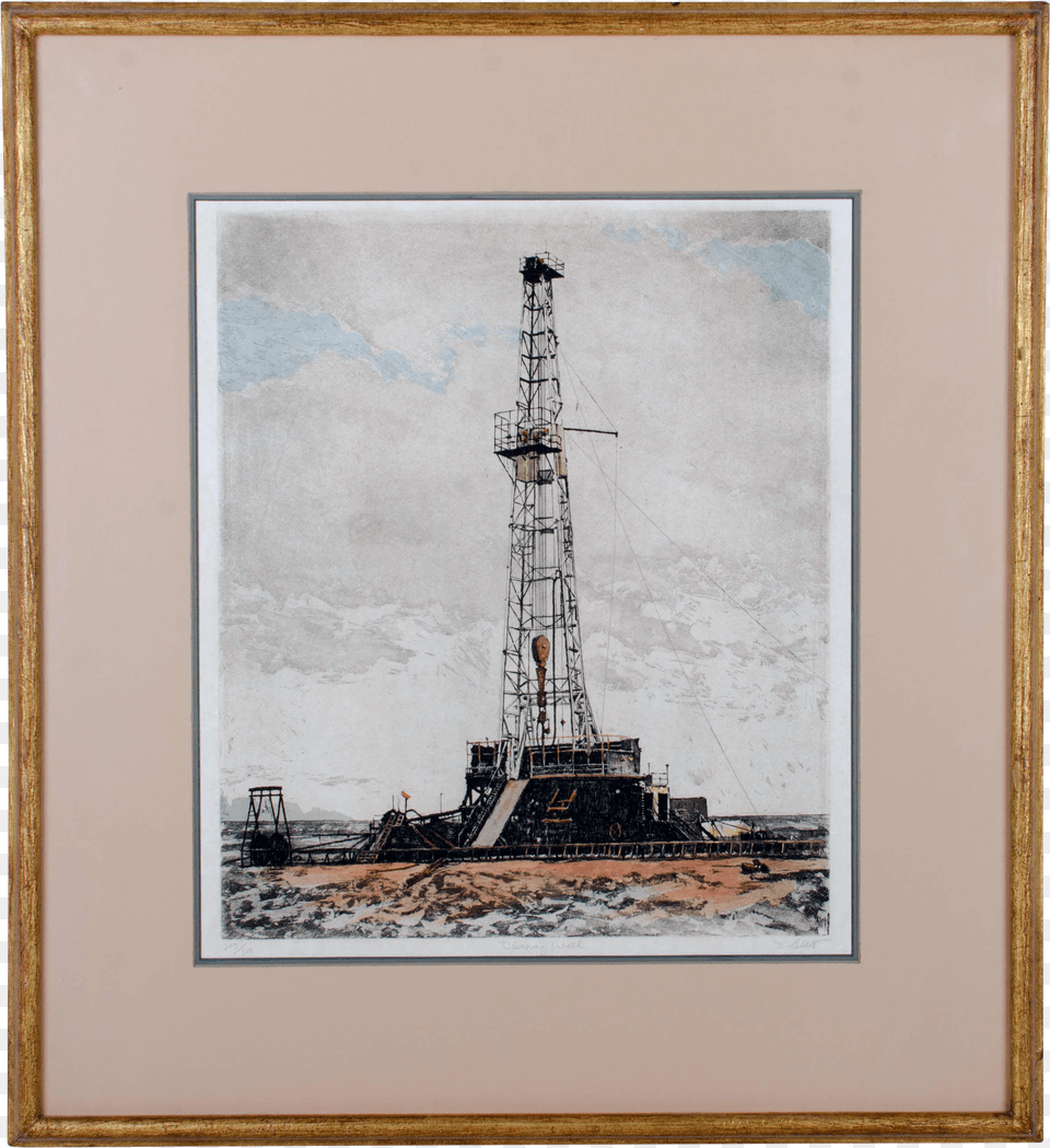 John Collette Discovery Well Oil Rig Etching Oklahoma Picture Frame, Oars, Cutlery, Glass, Paddle Png Image