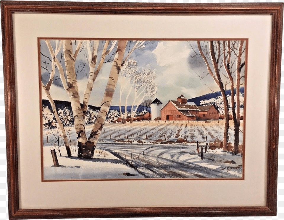 John E Detore Watercolor Of Farm Scene In Snow Bare, Photo Frame Png