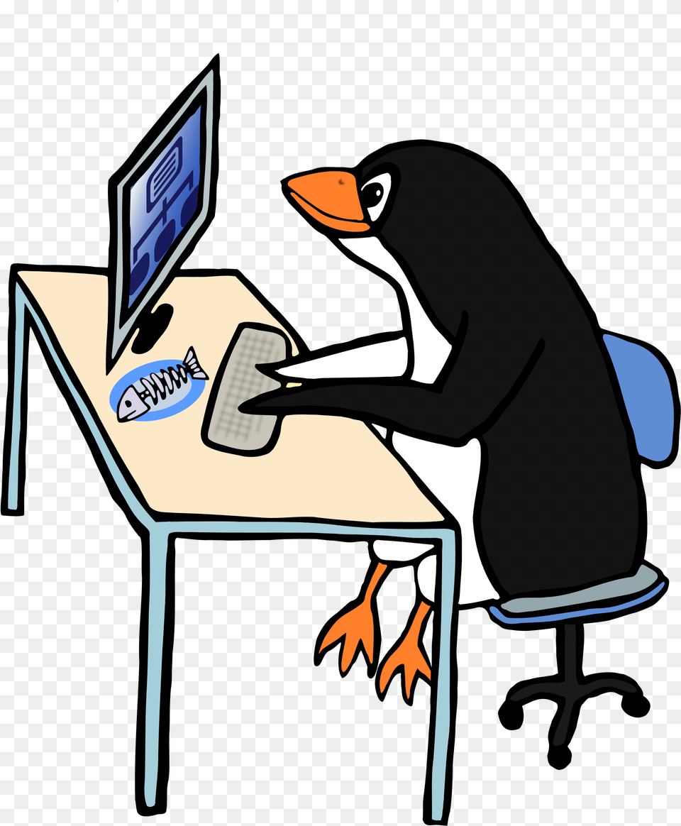 Jpg Library Penguin Admin Big Animal On Computer Cartoon, Table, Furniture, Electronics, Desk Free Transparent Png