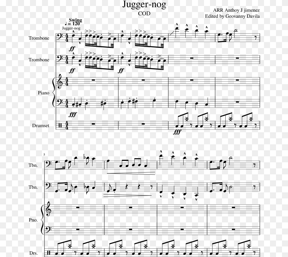 Juggernog Trombone Sheet Music Full Song, Gray Free Transparent Png