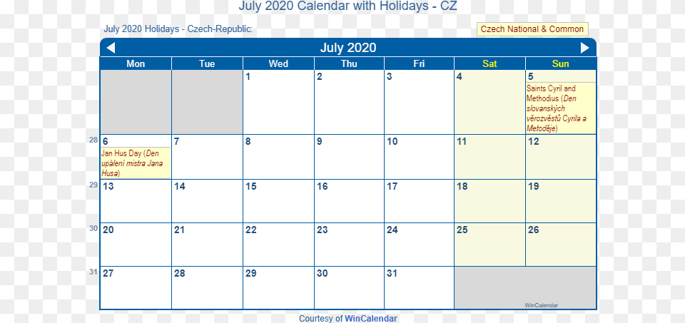 July 2020 Calendar With Cz Holidays February Calendar 2020 With Holidays, Text Png Image