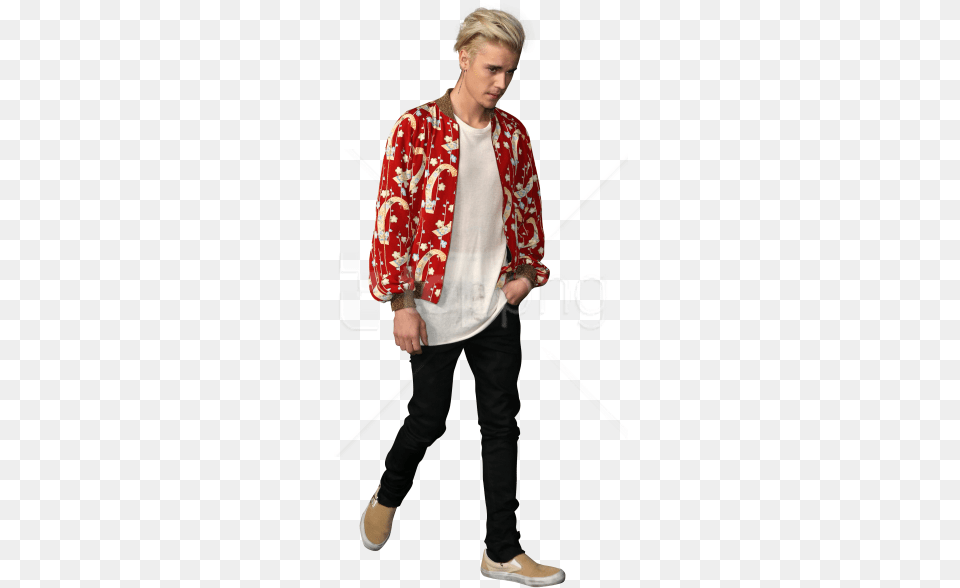 Justin Bieber Dressed In A Red Shirt Images Walking, Sleeve, Blazer, Clothing, Coat Free Transparent Png