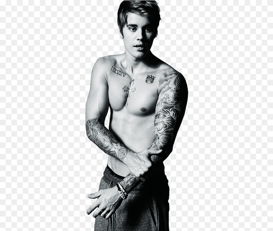 Justin Bieber Shirtless Justin Bieber Black And White, Person, Skin, Tattoo, Adult Png Image