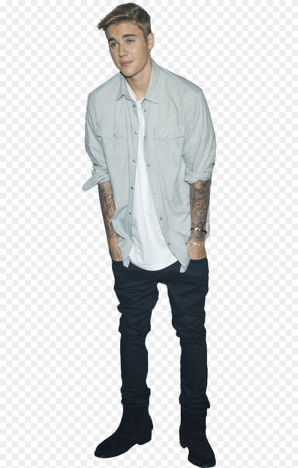 Justin Bieber Standing Image Person Standing Background, Tattoo, Clothing, Skin, Shirt Free Transparent Png