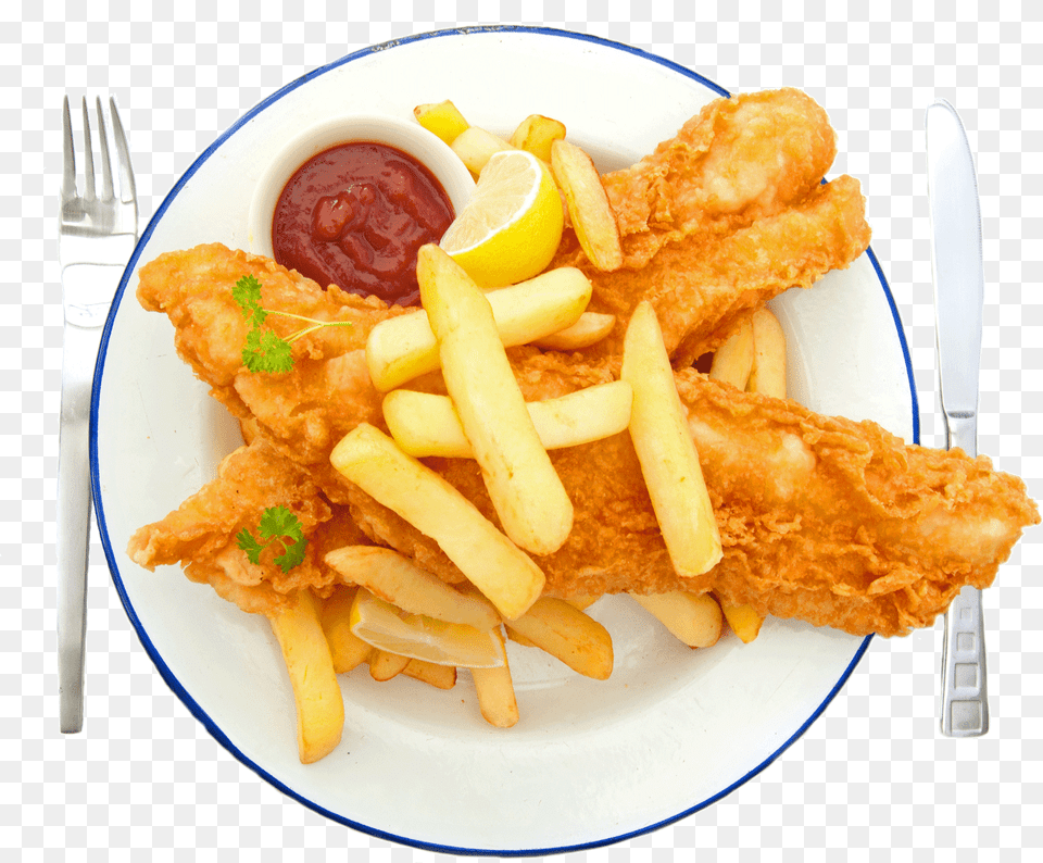 Kalori Fish And Chips, Food, Ketchup, Cutlery, Fork Free Png