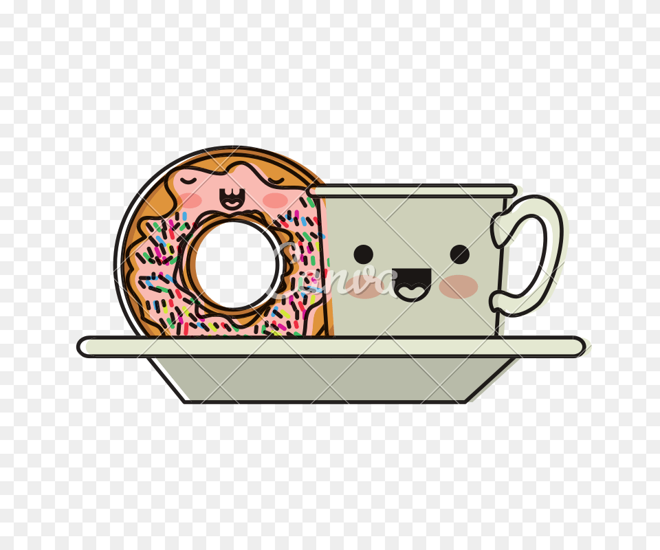 Kawaii Coffee Cup And Donut With Cream Glaze On Dish In Watercolor, Beverage, Coffee Cup Png Image