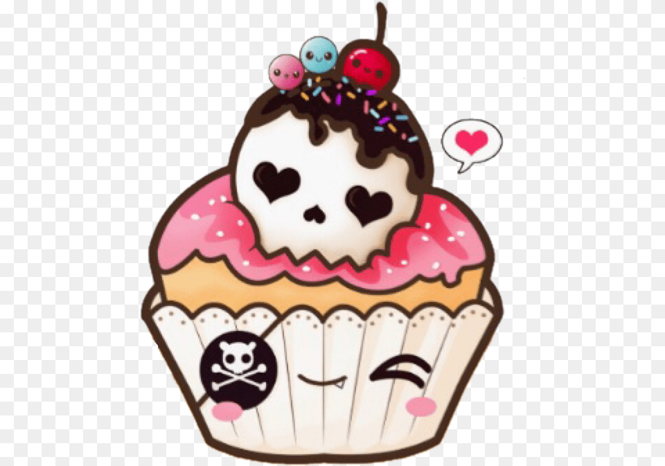 Kawaiicupckake Kawaii Cupcake Skull Drawing Sticker Kawaii Cupcake, Birthday Cake, Cake, Cream, Dessert Free Png Download