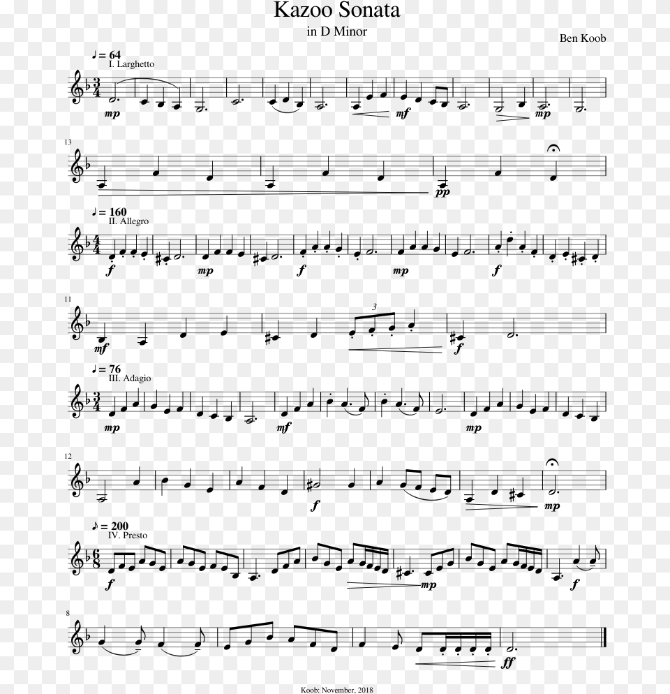 Kazoo Sonata In D Minor Sheet Music For Synthesizer Kazoo, Gray Free Transparent Png