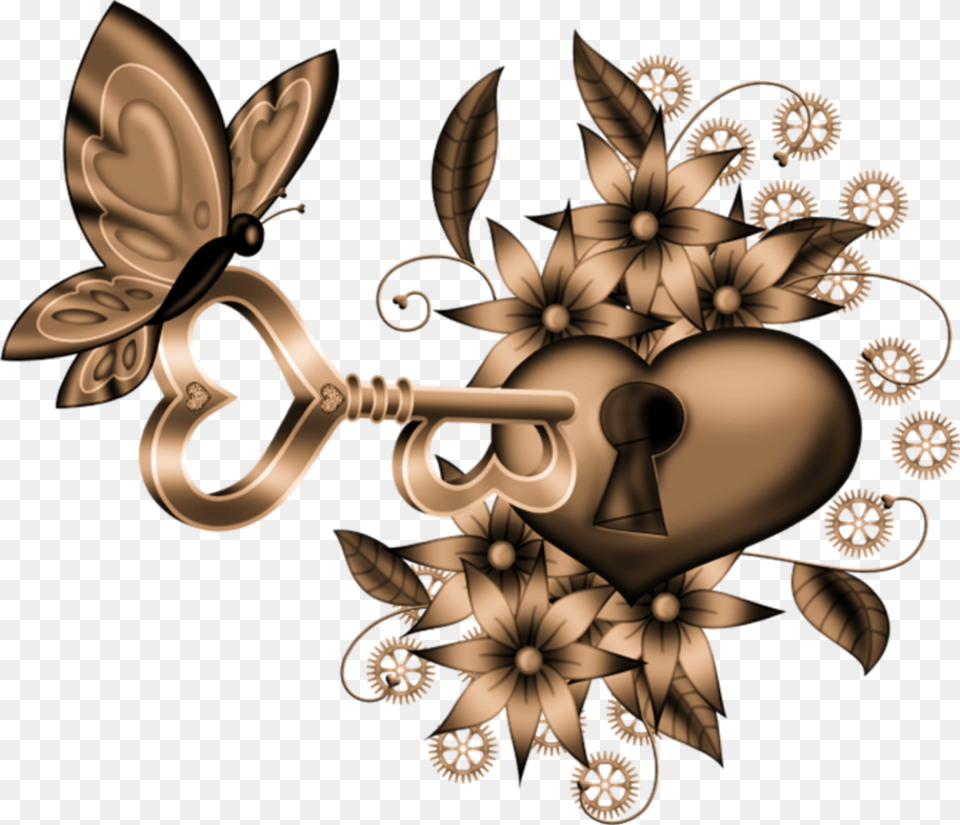 Key Heart Butterfly Steampunk Scrapelement, Art, Floral Design, Graphics, Pattern Free Png