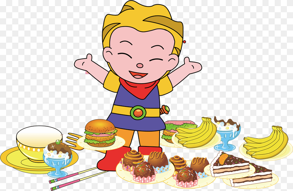 Kid Eating Cake Cartoon Kid Eating, Food, Burger, Person, People Free Png