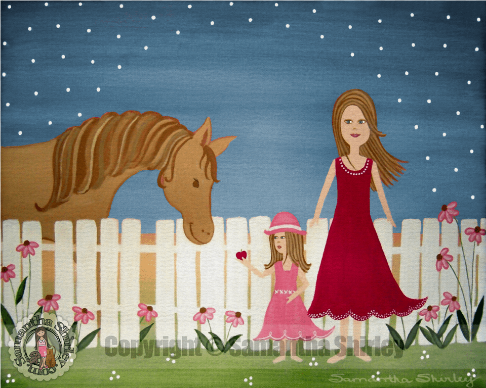 Kids Art Print Of Mother Daughter Horse Painting Child, Fence, Adult, Person, Woman Free Png