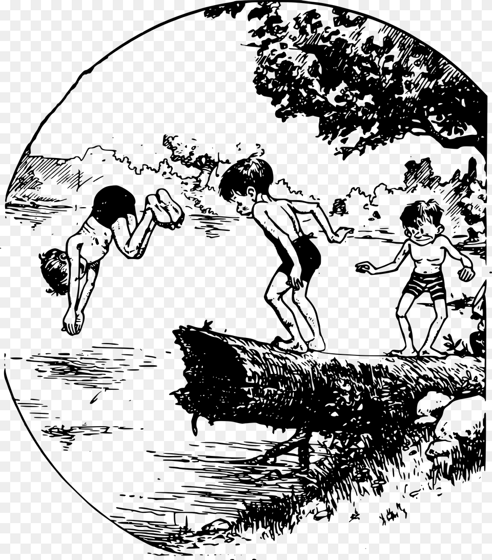 Kids At Swimming Hole Clip Arts Clip Art Swimming Clipart Black And White, Gray Free Png