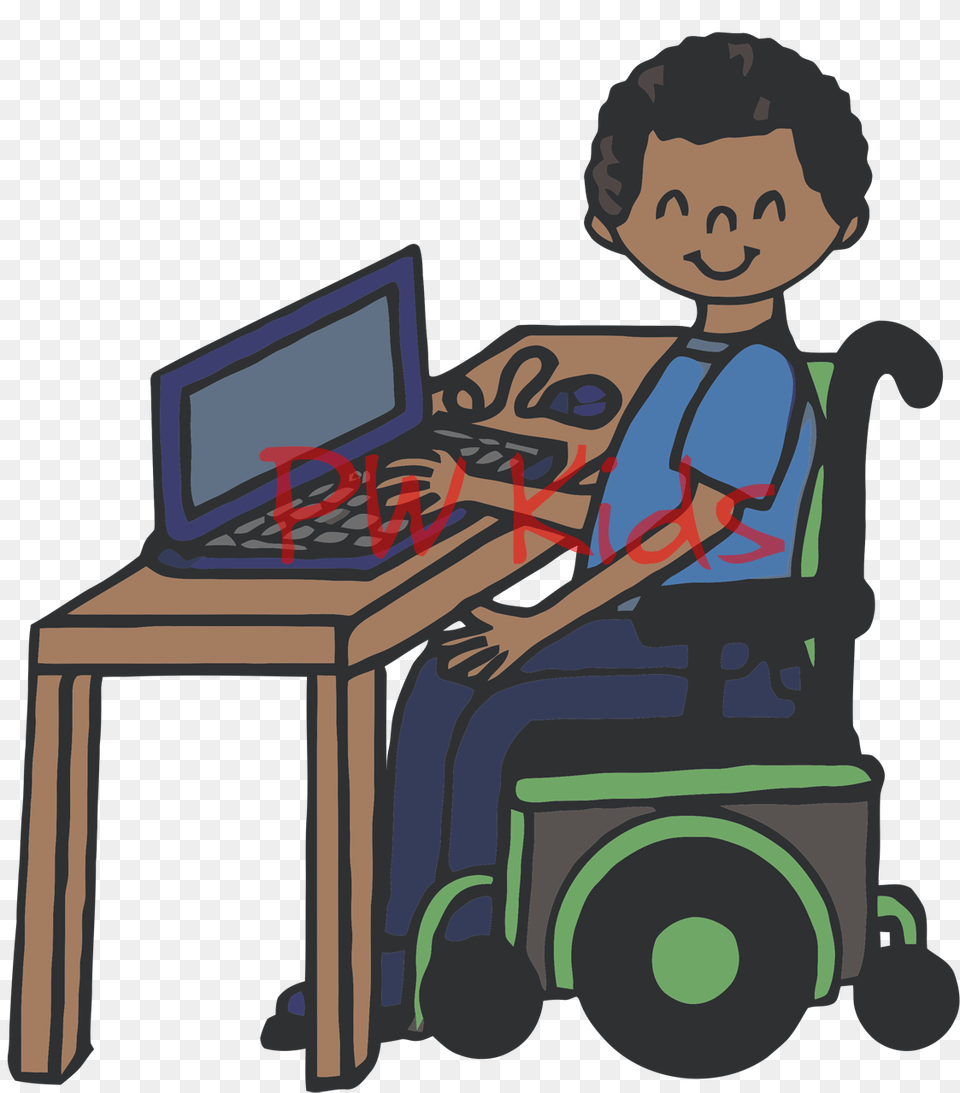Kids On Computers Clipart Child In Wheelchair Using Computer Clipart, Furniture, Head, Person, Face Free Png