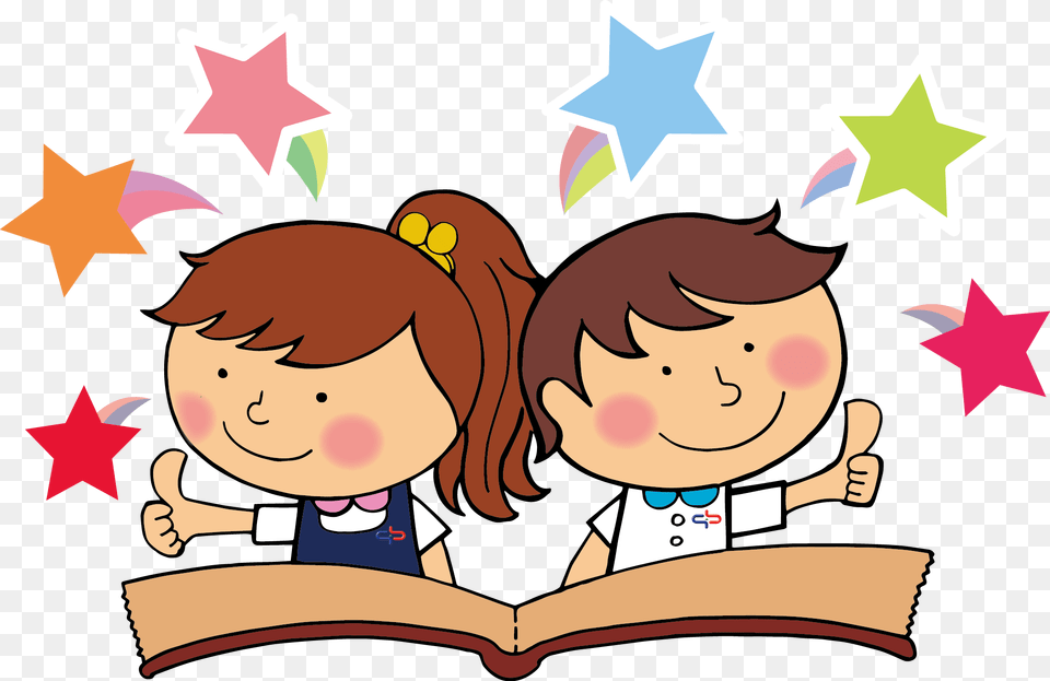 Kids Sitting 2 Reading Book Cartoon, Publication, Person, Face, Head Png Image