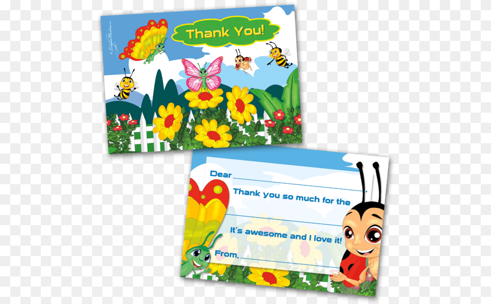 Kids Thank You Cards Bugs Themed And 10 Envelopes Cartoon, Text, Daisy, Flower, Plant Free Transparent Png