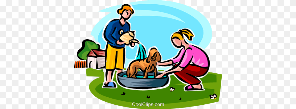 Kids Washing The Puppy Royalty Vector Clip Art Illustration, Person, Plant, Grass, Baby Free Png Download