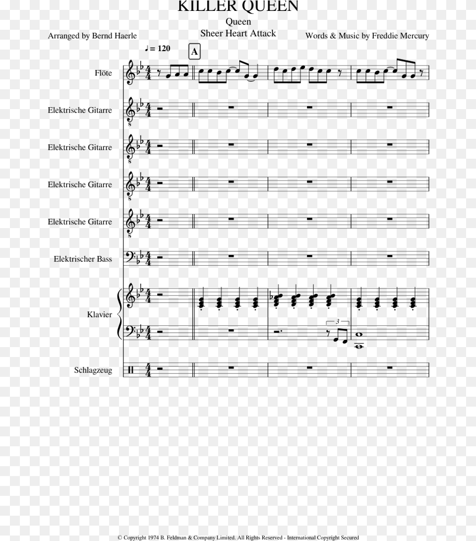 Killer Queen Sheet Music For Flute Piano Guitar Music, Gray Free Png