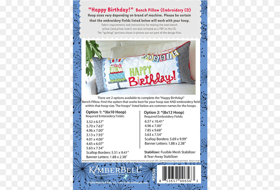 Kimberbell Designs Happy Birthday Bench Pillow Embroidery Poster, Cushion, Home Decor, Advertisement Png Image