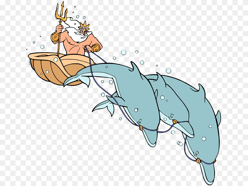 King Triton In His Chariot Led By Dolphins King Triton Chariot, Baby, Person, Animal, Sea Life Png Image