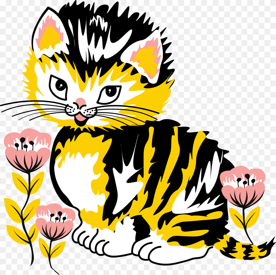 Kitten With Flowers Clipart, Art, Graphics, Animal, Cat Free Png