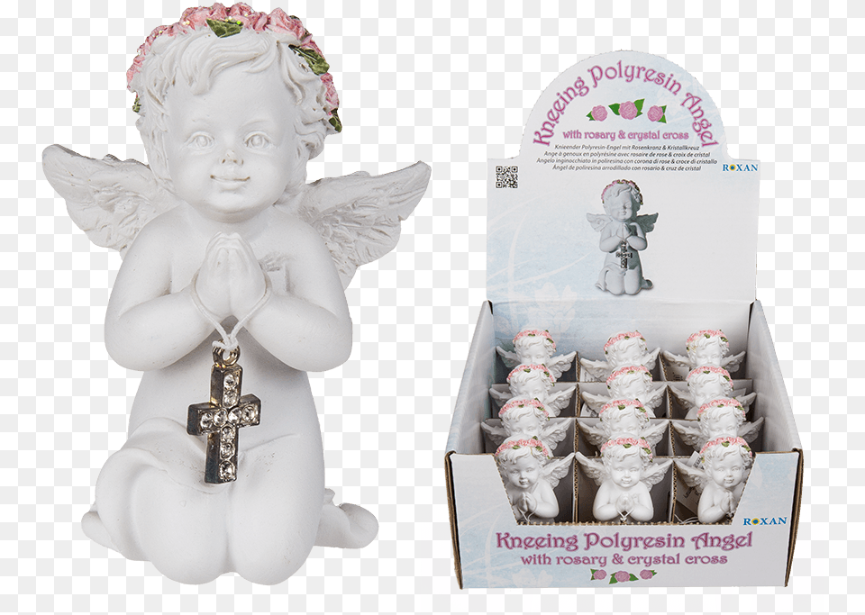 Kneeling Polyresin Angel With Pink Coloured Rosary Polyresin Angel With Rose, Food, Cream, Dessert, Icing Free Png Download