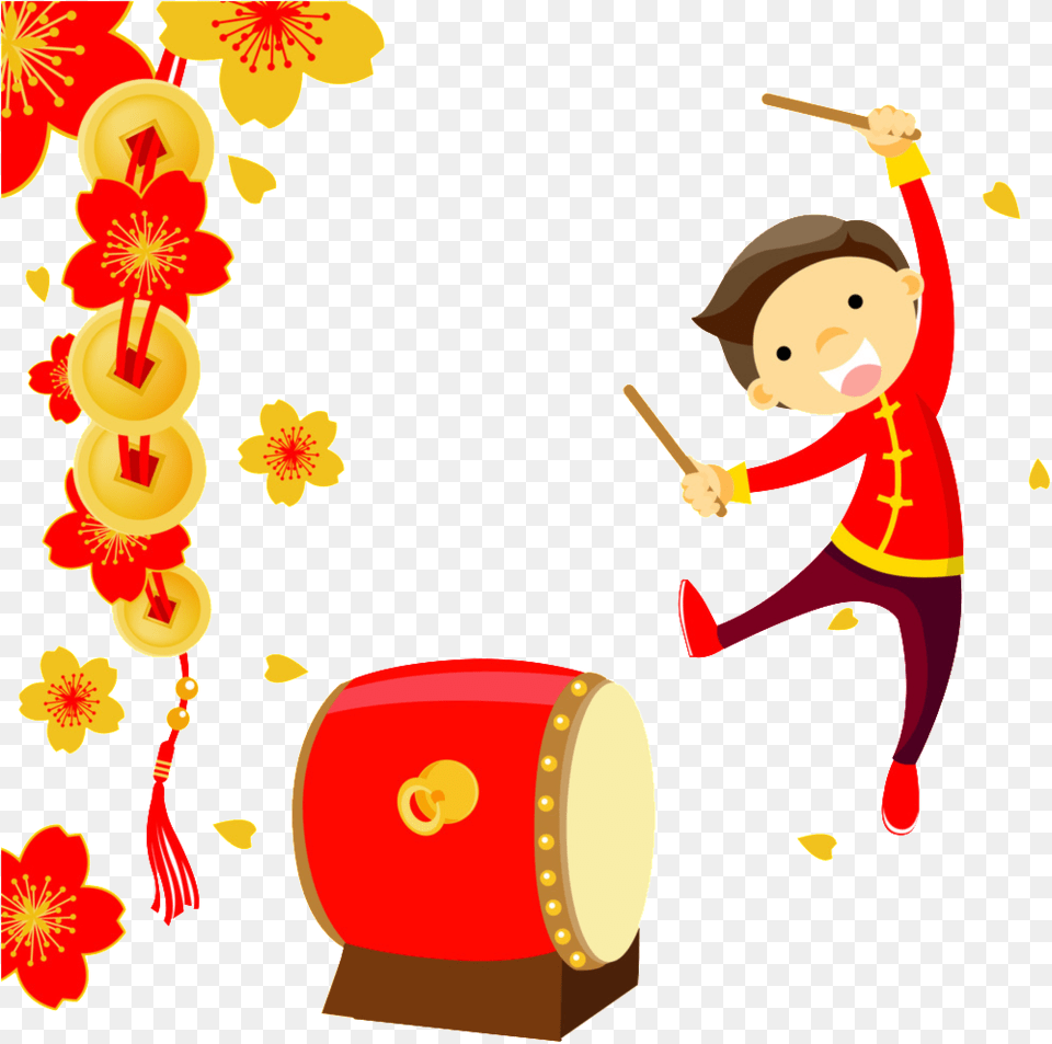 Knocking Drums To Welcome New Year Happy Chinese New Year, Baby, Person, Musical Instrument, Performer Png