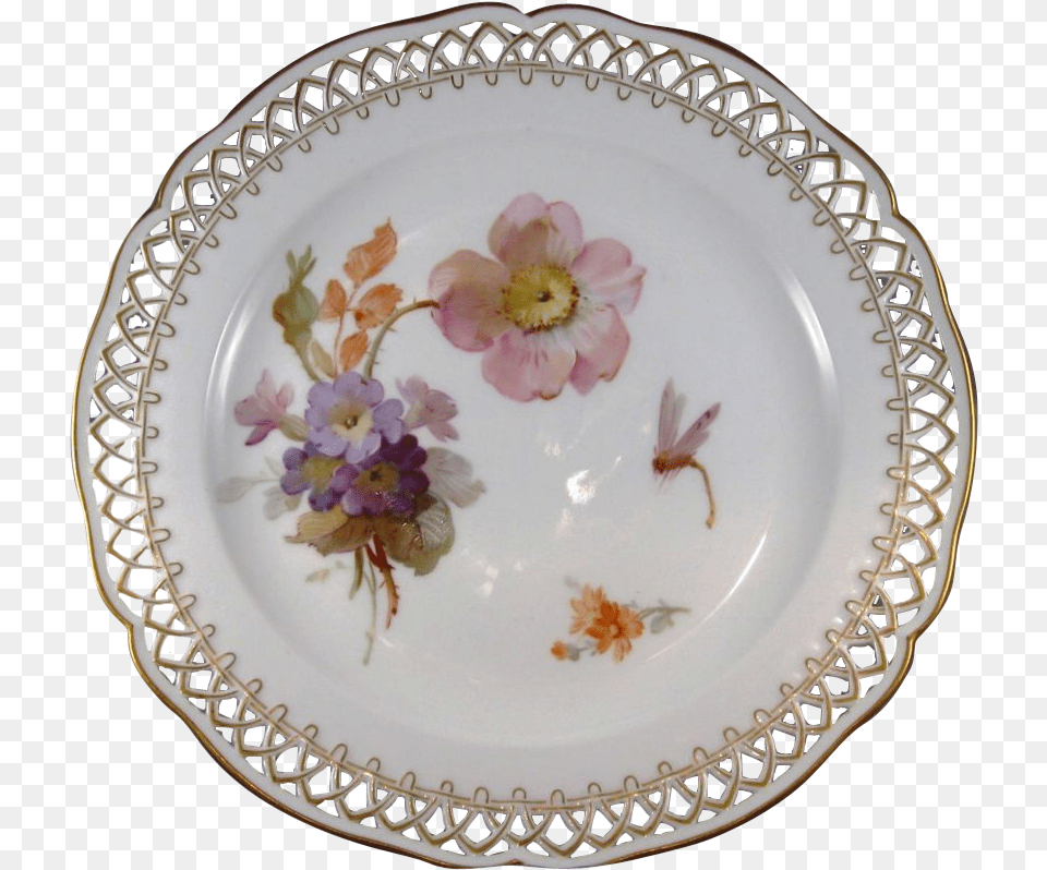 Kpm Hand Painted Porcelain Plate With Flowers And Dragonfly China Painting, Art, Pottery, Platter, Meal Free Png